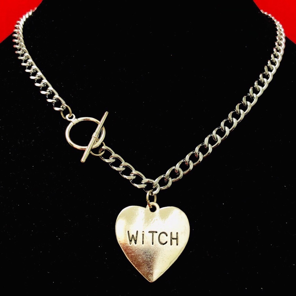 WITCH letter word alphabet heart pendant OT closure curb chain necklace choker